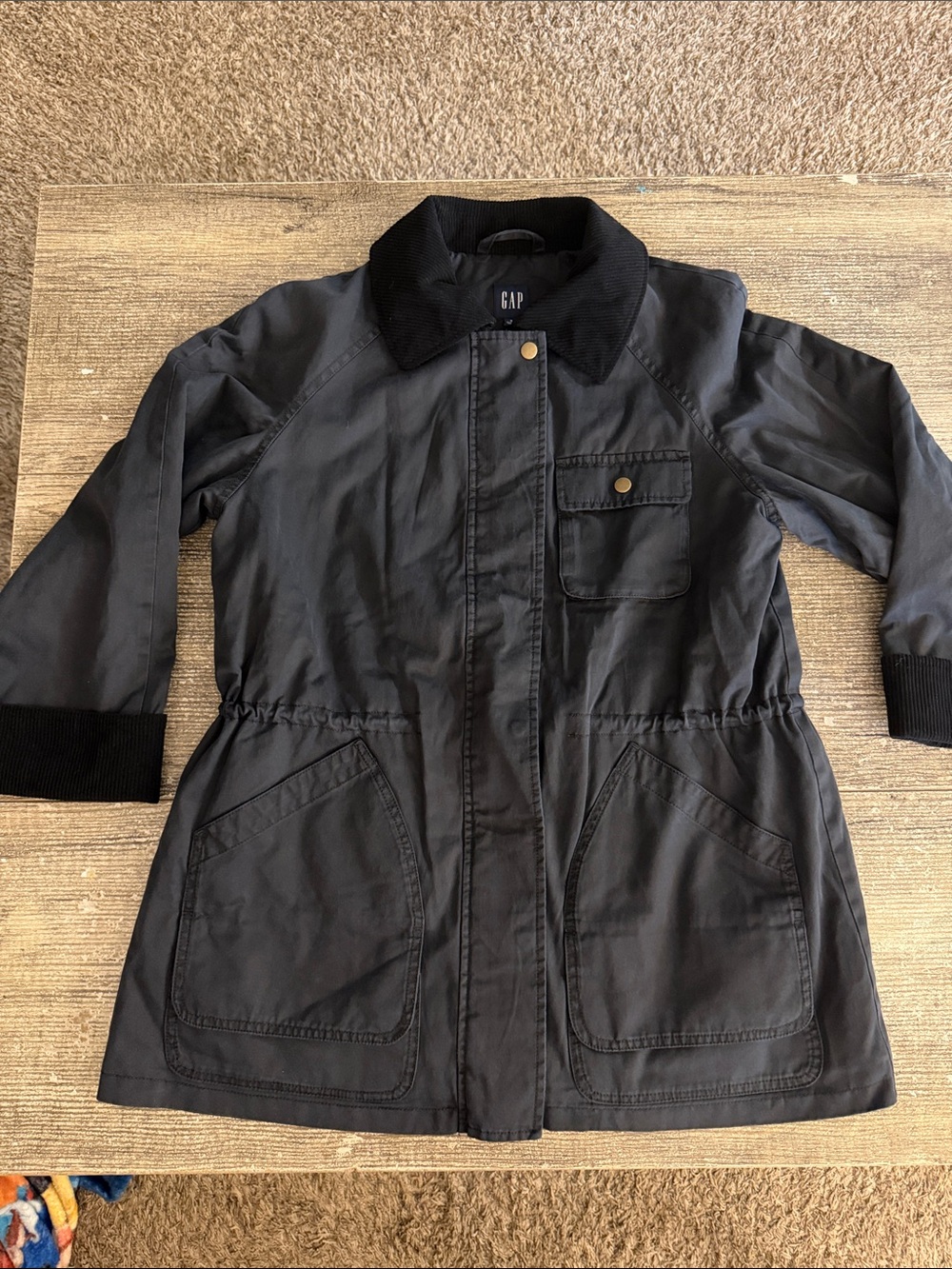 NWT Gap black drawstring field jacket with quilted inside and corduroy details